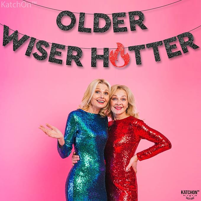 KatchOn Glitter Older Wiser Hotter Birthday Decorations - No DIY, 10 Feet | Older Wiser Hotter Banner for Birthday Decorations | Happy Birthday Banner for men, Women | Funny Bday Decorations