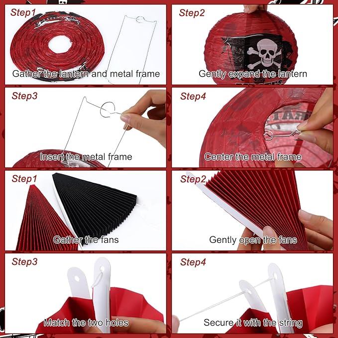 Baquler 18 Pcs Pirate Theme Party Decoration Pirate Skull Hanging Paper Lantern Fans Black Red Honeycomb Ball for Nautical Birthday Party Ornament Ceiling Decor Supplies