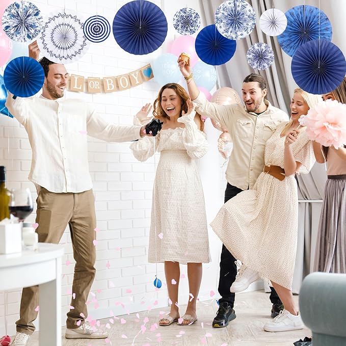 Feifeiya 12 Pcs Chinoiserie Hanging Paper Fans 8'' 12'' 16'' Blue and White Floral Paper Fans Set Round Porcelain Print Hanging Decorations for Birthday Wedding Events Party