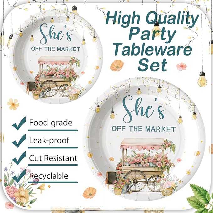 Zhehao 200 Pcs She's off the Market Bridal Shower Plates Napkins Sets Bridal Shower Decoration Wedding Decorations Wedding Paper Plates Engagement Bachelorette Supplies, Serve 50
