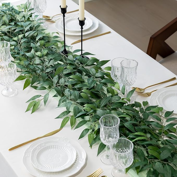 mizii 36pcs Italian Ruscus Artificial Greenery Stems Silk Green Leaves 20in Fake Spray Plants Stem Garland Greenery Decoration for Centerpieces Wedding Arch Flower Bouquet Table Room Wall Decor (36)