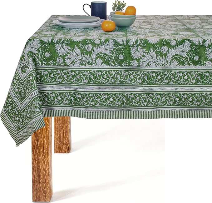 Block Print Green Table Cloth- 60x120 Inch Rectangle 100% Cotton Handmade Pre-Shrink, Washable for Spring, Kitchen & Dining Perfect for Chirstmas, Patio, Indoor & Outdoor, Farmhouse