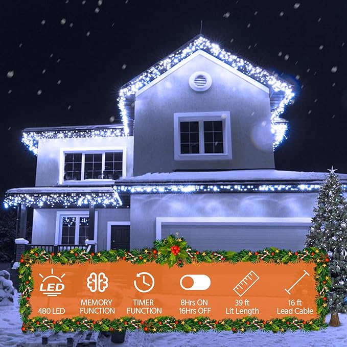 USOKYO Icicle Christmas Lights Outdoor, 480 LED 39FT String Lights With 96 Drops, 8 Modes and Timer, Twinkle Fairy Lights for House Patio Bedroom Wedding (Cool White)