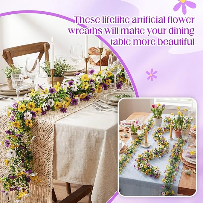 8 Pcs 6 ft Artificial Flowers Wisteria Garland-Total 48 ft Fake Hanging Wisteria Flowers Green Vines Garlands, Faux Flower Daisy with Eucalyptus Leaves for Garden Decor (Mixed 3 Colors)