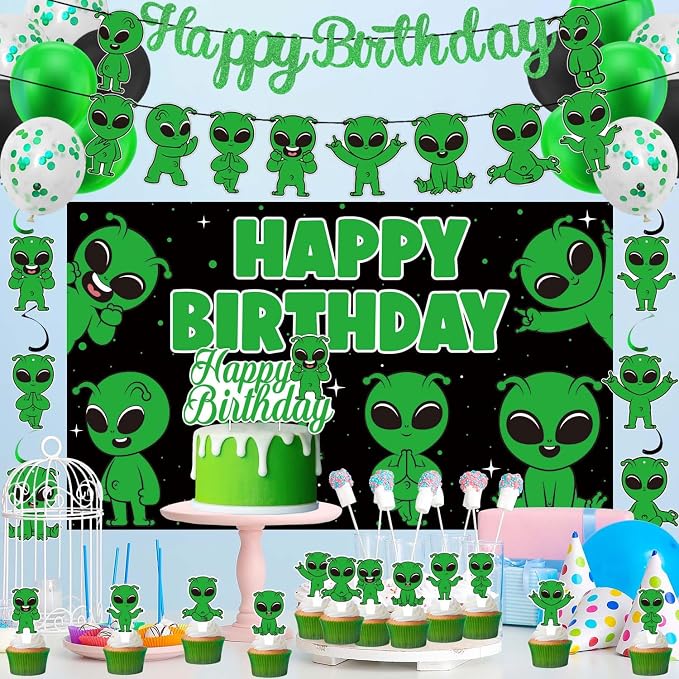 Alien Birthday Party Decorations, Alien Party Supplies Set Including Green Glitter Banner, Hanging Swirls, Latex Balloons, Cake Toppers and Backdrop for Kids Boys Girls Theme Party Decorations