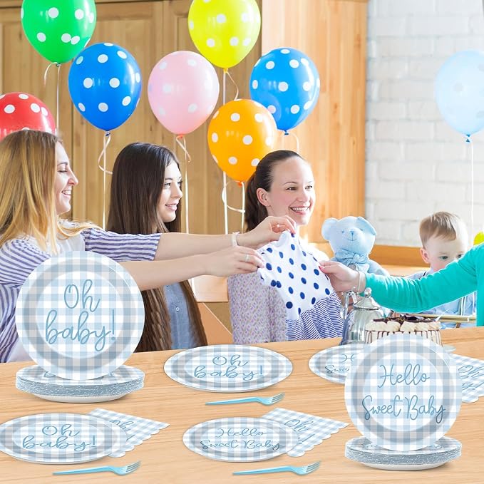 96PCS Blue Baby Shower Decorations Blue Plaid Paper Plates Scalloped Napkin Plaid Tableware Set Hello Sweet Boy Disposable Dinnerware Party Favors for Gender Reveal Birthday Party Supplies