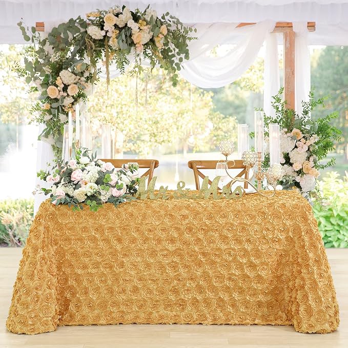 Fanqisi Gold Rosette Table Cloth 90x156 Inches Rectangle Satin Tablecloth Party Table Cover for Party Banquet Birthday Table Wedding Decoration