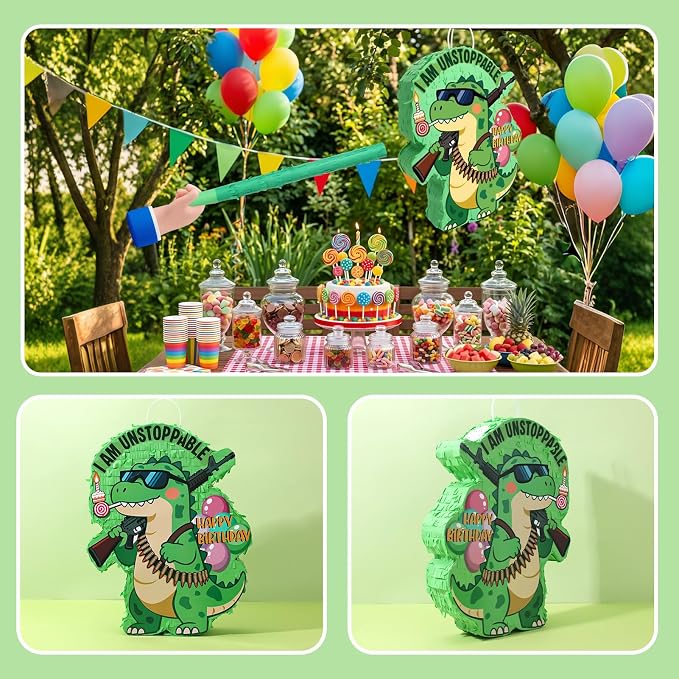Dinosaur Piñata for Birthday Party, Dino Piñata Set with Blindfold and Baton, Pull String Pinata for Birthday Party Celebration