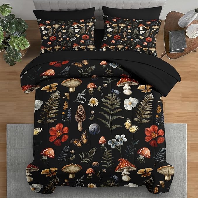 Pamnest Comforter Set Twin Size, Mushroom Fern 5 Pcs Bedding for Kids and Adults, Woodland Plants Botanical Bed Sheet Sets with Fitted Sheet Pillowcases & Shams for Bedroom Bed Decor