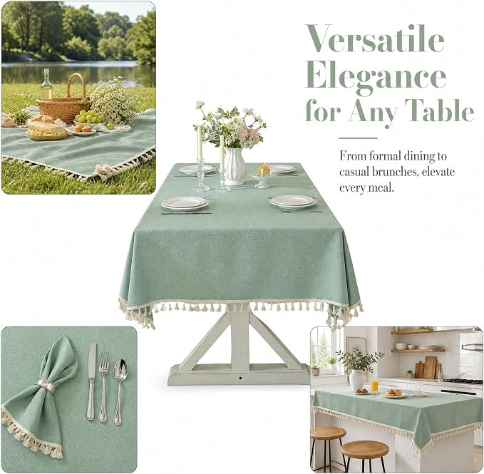 Sage Green Tablecloth for Rectangle Tables - 55x86 Inch Linen Textured Farmhouse Waffle Weave Table Cloth with Tassel Fringe, Stain Resistant Wrinkle Free Cover for Dining Kitchen Party