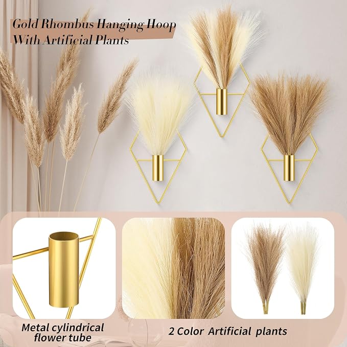 Hanaive 4 Sets Boho Gold Wall Decor Metal Wall Art Hanging Planters with Artificial Pampas Display Art Modern Home Metal Vase for Bedroom Living Room Home Office(Gold, Beige, Dark Coffee)
