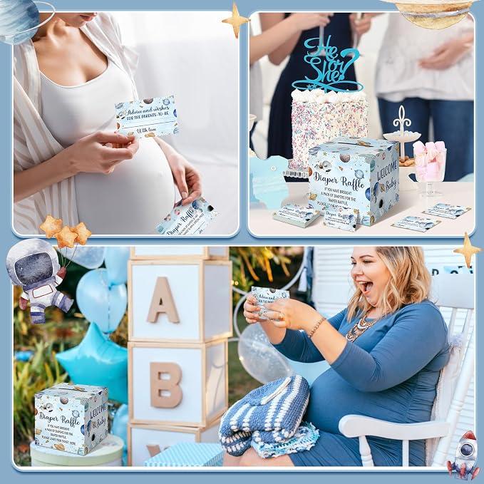 Teling 51 Pieces Diaper Raffle Tickets with Card Box Baby Shower Decorations Baby Shower Holder Box for Girl Boy Diaper Raffle Party(Outer Space)