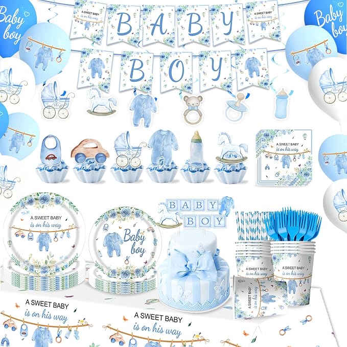 220 Pcs Blue Baby Shower Decorations 25 Guest All-in-One Party Supplies Kit with Disposable Tableware, Balloons, Hanging Swirl, Banner, Cake Toppper, Tablecloth for Baby Shower Decor