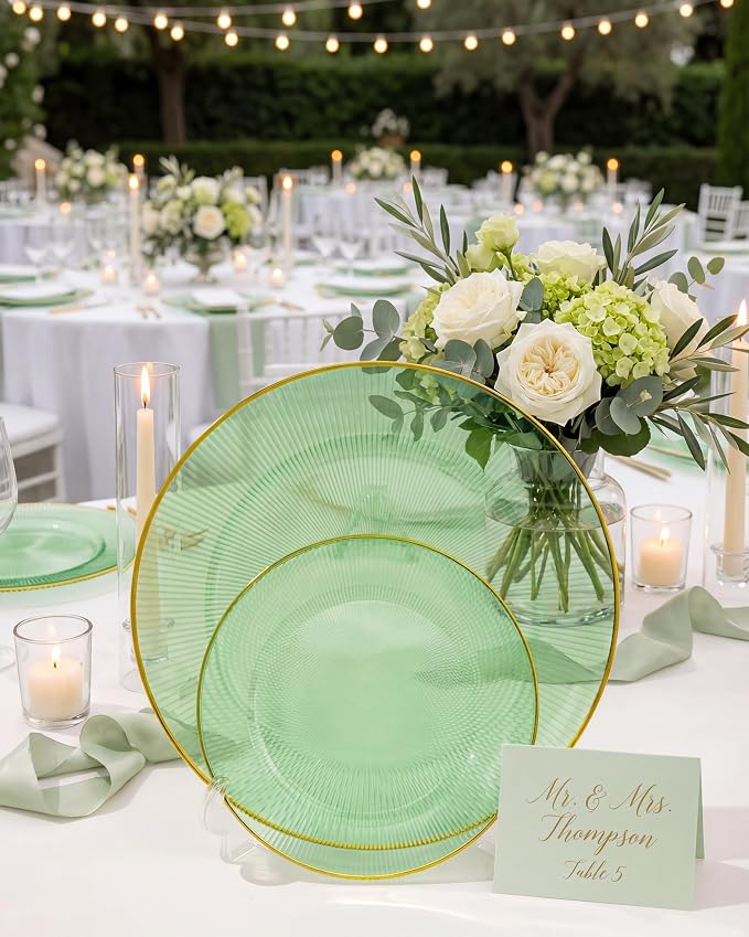 Hioasis 60pcs Green and Gold Plastic Plates - Green Disposable Dinnerware Set, 30pcs Dinner 10in & 30pcs Dessert 7in Plates with Striped Designs for Party & Wedding