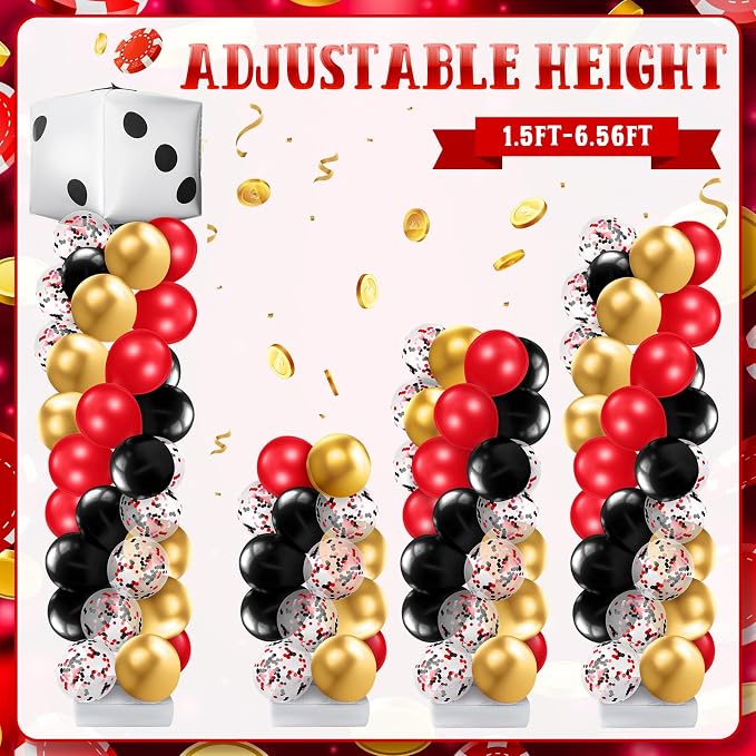 Kasyat 2 Set Casino Balloon Column Stand Kit Adjustable Red Black Gold Dice Poker Foil Balloons Arch Garland Kit for Birthday Casino Night Las Vegas Theme Party Decorations