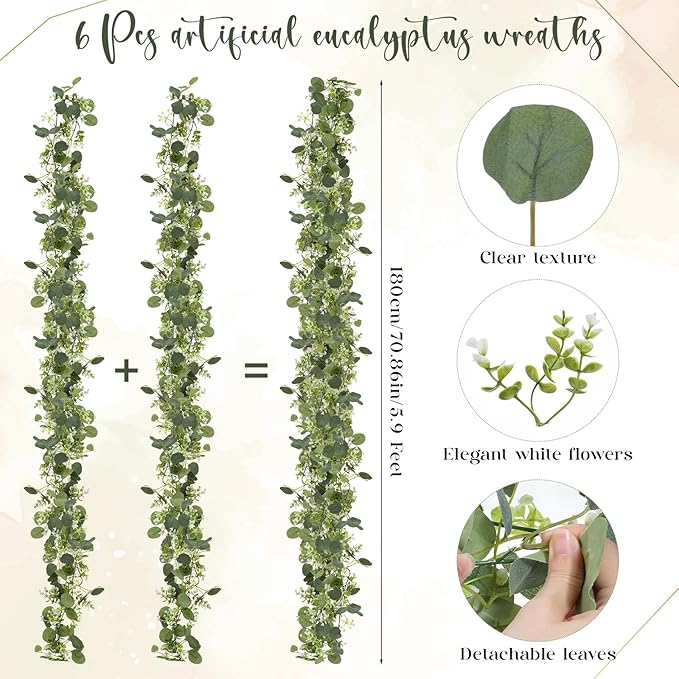 6 Pack 5.9 Feet Faux Eucalyptus Garlands Bulk, Artificial Wedding Garland with White Flowers Faux Silver Dollar Eucalyptus Leaves Vines for Table Home Wedding Party Indoor Outdoor Decor