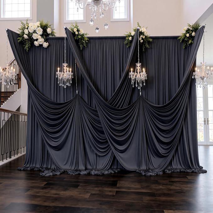 10ftx12ft Black Wrinkle-Free Wedding Backdrop Curtain -Silky Washable Black Polyester Drapes for Baby Showers, Birthday Parties, Photography, and Wedding Receptions-2 Panels 5FTx12FT