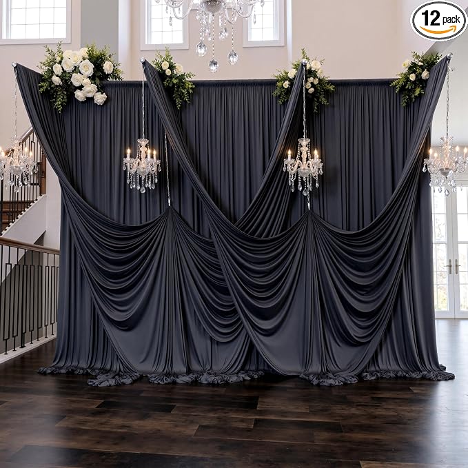 60ftx12ft Black Wrinkle-Free Wedding Backdrop Curtain -Silky Washable Black Polyester Drapes for Baby Showers, Birthday Parties, Photography, and Wedding Receptions-12 Panels 5FTx12FT