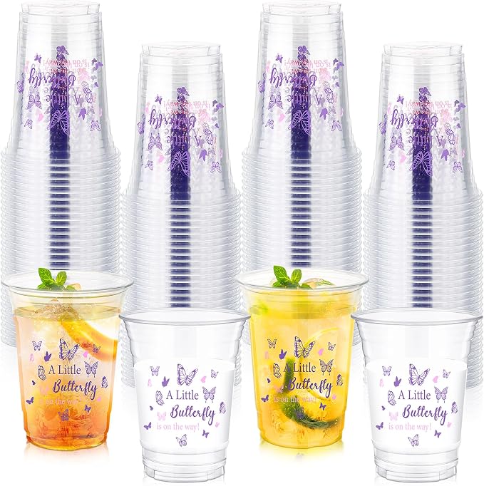100 Pcs Plastic Butterfly Cups 16 oz Disposable Clear Plastic Cups Butterfly Party Cup Bulk for Birthday Baby Shower Girls Tea Party Supplies