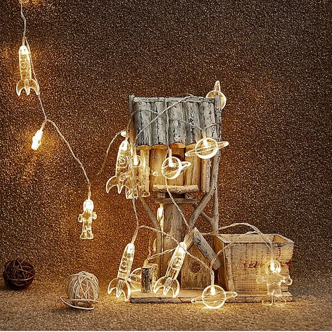 AceList 10 LED Children's Room LED String Light Astronaut Spaceship Rocket Pendants Holiday Party Lights Wall Window Nursery or Kids Room Decor Wedding Around The Garden Patio Christmas (Warm White)