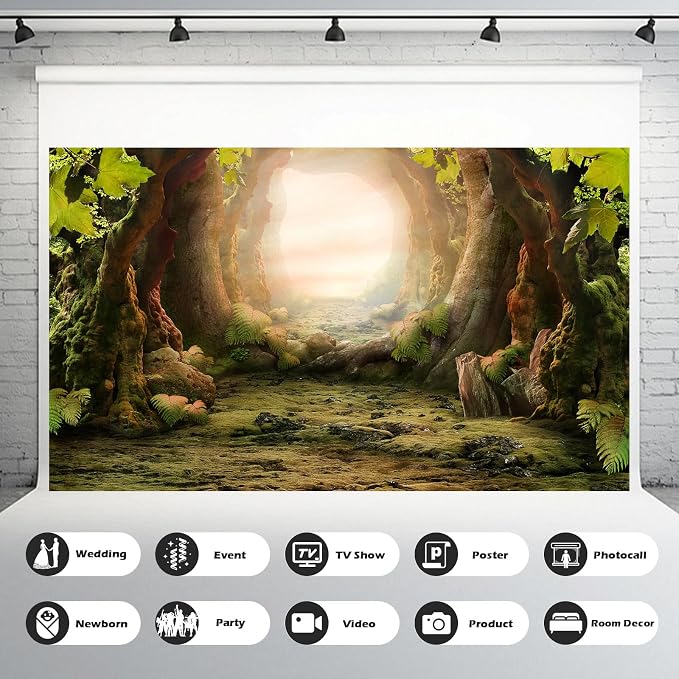 Fairy Forest Backdrop Mystical Fantasy Jungle Rainforest Landscape Photography Background Rugged Path Lush Moss Foggy Forest Large Tree Wallpaper Backdrop Portrait Video Props Vinyl 20x10ft