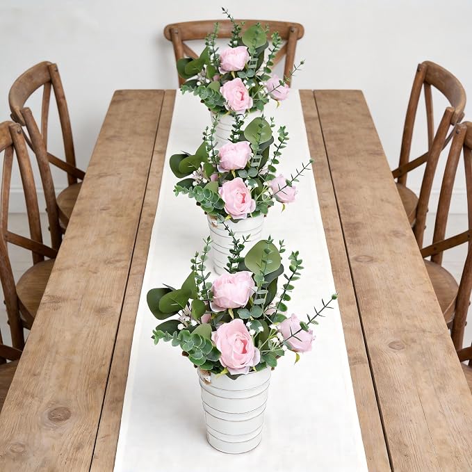 Artificial Flowers in Pot - 10 Inches Pre-Made Large Faux Silk Rose Floral Greenery Table Centerpieces with Rustic Tall Metal Vase for Farmhouse Home Decoration - Pink