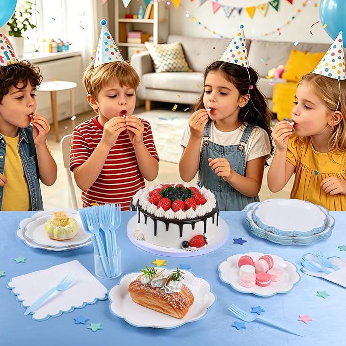 96 Pcs Paper Plates & Napkins Set, Light Blue & White, 24 Guest | White Dessert Plates with Baby Blue Scalloped Edge, Includes Napkins and Forks, For Baby Boy Shower, For Wedding