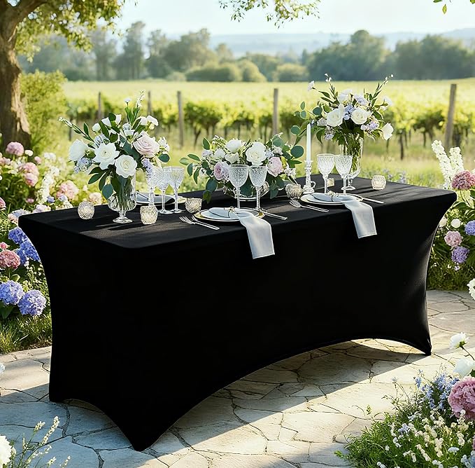 Moosfor Spandex Elastic Fitted 5FT Rectangle Tablecloth 6 Pack, Stretch Washable Reusable Table Cover for Outdoor Picnic, Dining, Wedding, Banquet & Party Events (Black, 60Lx30Wx30H Inch)