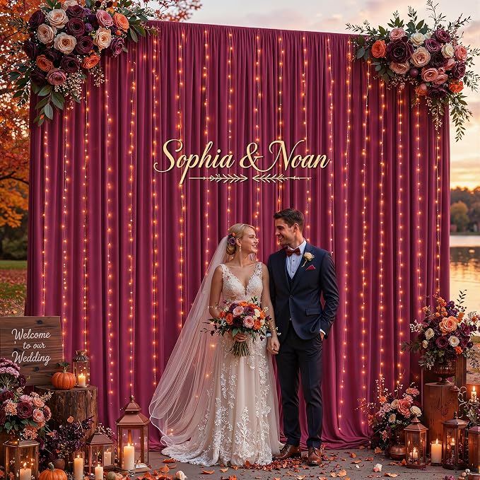 Burgundy Backdrop Curtains with Lights for Parties,10x10FT Wrinkle Free Wedding Photo Backdrop Curatin Drapes Fabric for Baby Shower Birthday Ceremony Reception Home Party Decorations