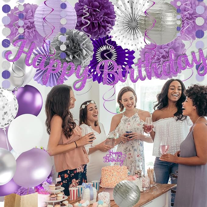 Purple Silver Birthday Party Decorations Kit with Happy Birthday Banner, Paper Lanterns, Streamers, Tissue Pom Poms, Honeycomb Flower Fans, Silver and Purple Balloons, & More for Women Girls' Party