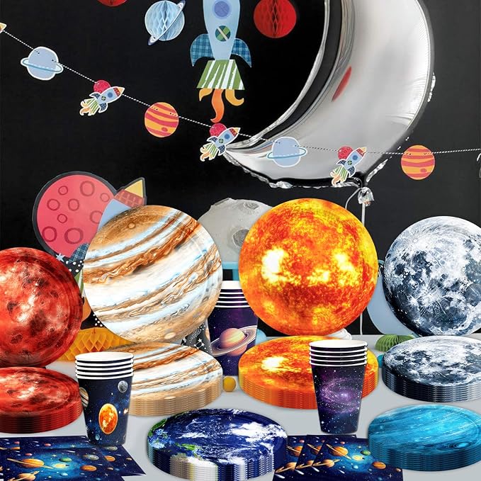 120Pcs Space Theme Party Decorations Outer Space Birthday Party Supplies Galaxy Planet Outer Space Disposable Plates Napkins for Kids Space Solar System Planets Birthday Party Decorations 30 Guests