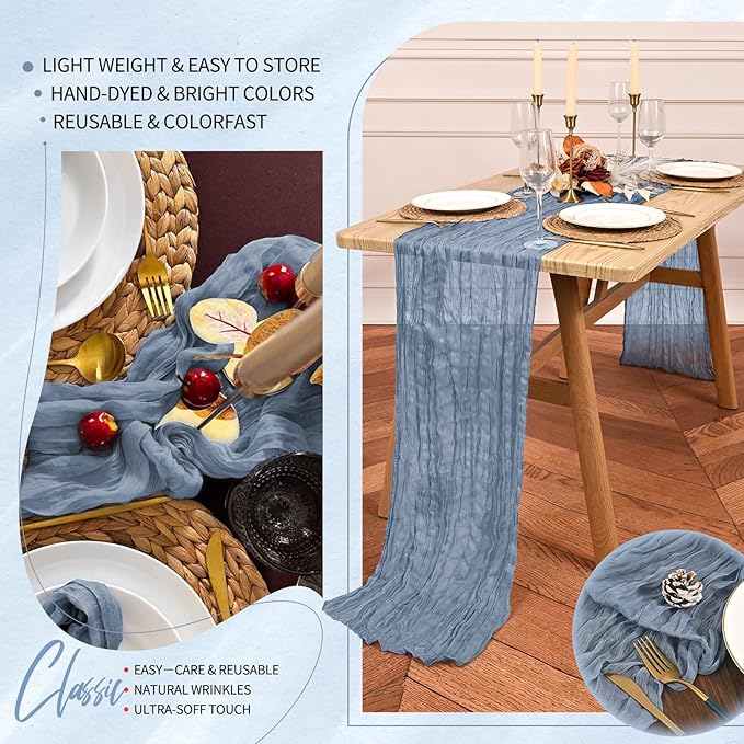 20 Pack Dusty Blue Cheesecloth Table Runner 10FT Boho Gauze Cheese Cloth Table Runners Romantic Rustic Sheer Table Decorations for Wedding Party Baby Shower Birthday Holiday Home