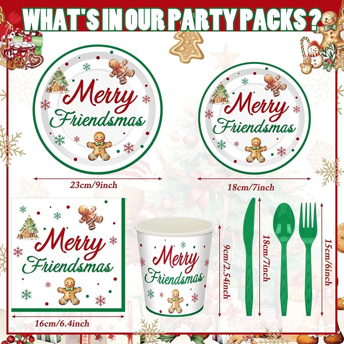 168 Pcs Merry Friendsmas Christmas Party Supplies Gingerbread Party Decorations Merry Friend Christmas Tableware Set Disposable Paper Plates Cup Utensils Serve 24 for Winter Holiday Parties
