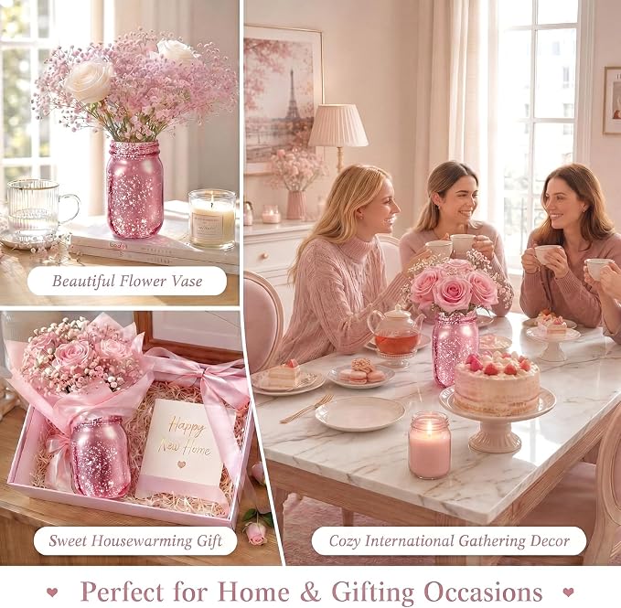 Layhit 6 Pcs Painted Mason Jars Colored Painted Mason Jars Centerpiece for Table with 6 Pcs 9.84 ft 30 LED Operated Fairy Lights for Wedding (Light Pink)