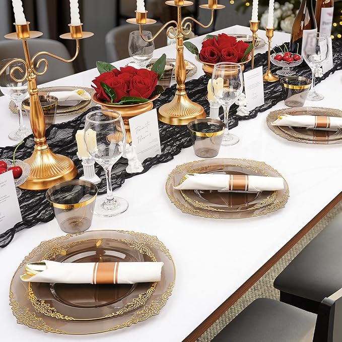 Bestluck 350 PCS Black and Gold Plastic Plates, Disposable Dinnerware Set for 50 Guests, 100 Disposable Plates, 150 Silverwares, 50 Cups, 50 Napkins for Wedding, Party, Graduation