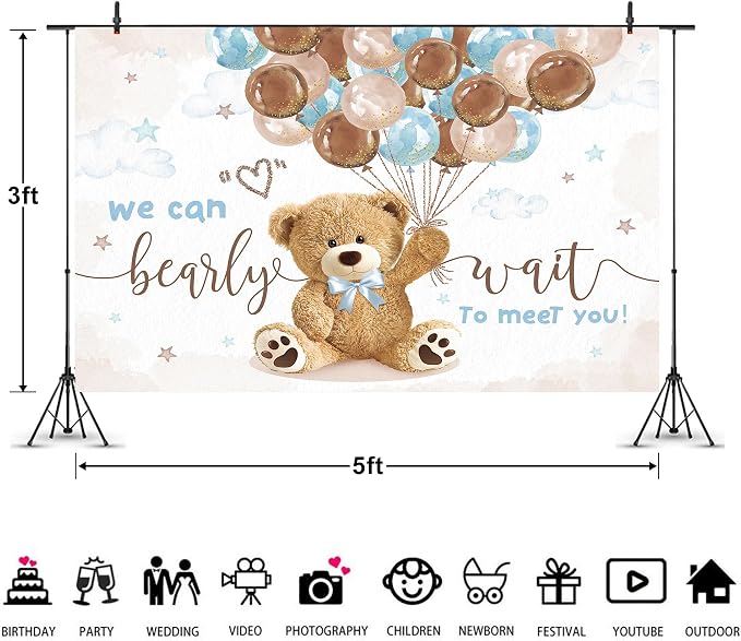 Bear Baby Shower Backdrop 5Wx3H Feet We Can Bearly Wait Brown Blue Balloons Cartoon Kids Boys Cute Polyester Fabric Watercolor Photography Backgrounds Photo Shoot Decor Props Decoration