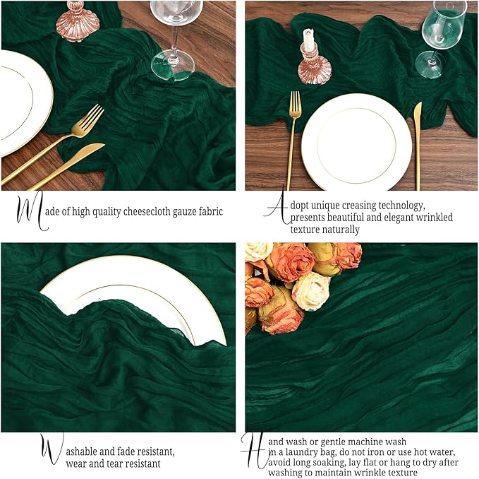 24 Pack Emerald Green Table Runner 10Ft Cheesecloth Table Runner Rustic Gauze Table Runner Romantic Long Sheer Fabric Cheese Cloth Table Runner for Wedding Party Bridal Baby Shower