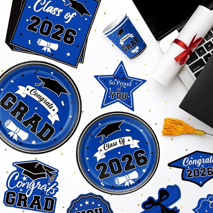 2026 Graduation Decorations for Party, Blue Plates Napkins Cups Tablecloth with Congrats Grad Hanging Decor for 25 Guests, Congratulations Disposable Party Supplies Favors for College & Middle School
