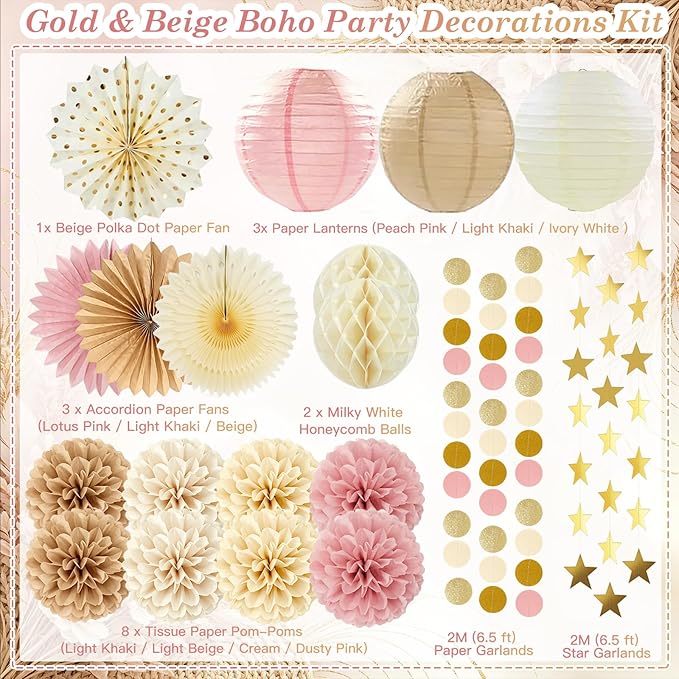 Boho Paper Party Decorations, Blush Pink and Champagne Gold Elegant Party Decor Kit with Paper Lanterns, Pom Poms, Fans and Gold Star Garland for Bridal Shower Birthday Baby Shower Wedding Party