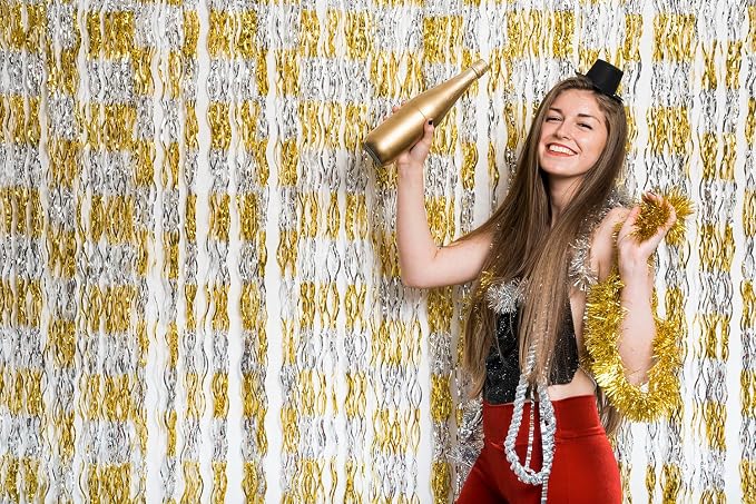 GOER Metallic Tinsel Foil Fringe Curtains Party Photo Backdrop Party Streamers for Birthday,Graduation,New Year Eve Decorations Wedding Decor (5 Packs,Gold&Silver)