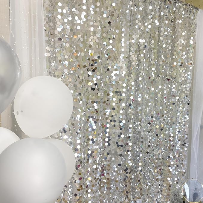 9FTx10FT Silver Sequin Backdrop 1 Panel,18MM Large Payette Sequins Backdrop, Glitter Photobooth Props for Christmas Party Wedding Birthday