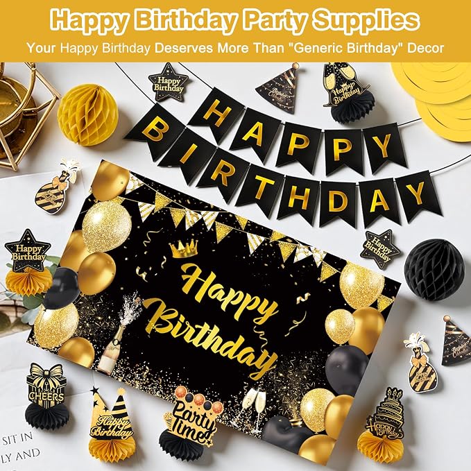 Happy Birthday Party Decoration Set: Including Birthday Banner Backdrop, Party Table Centerpieces and Hanging Swirl Party Streamers, Birthday Decor for Men and Women (Gold/Black, Happy Birthday)