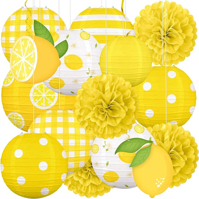 Renbuzhu 15PCS Summer Lemon Party Decorations Paper Lanterns Pom Poms Hanging Swirls Yellow Theme Lemonade Stand Italian Decor for Birthday Home Backyard Indoor Outdoor