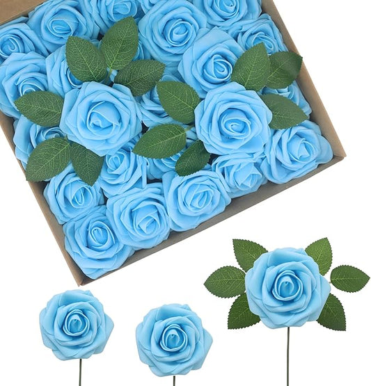 JOYLEX Artificial Flowers Realistic Roses, 25pcs Light Blue Real Looking Fake Roses with Stem for DIY Wedding Bouquets Centerpieces Bridal Shower Party Home Romantic Decorations (25pcs, Light Blue)