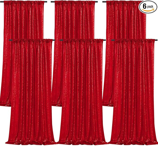B-COOL Red Valentines Sequin Backdrop Curtains 6 Panels 2ftx8ft Shiny Curtain Backdrop Drapes for Wedding Parties Home Event Background Decorations