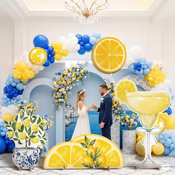 4 Pcs Large Mediterranean Lemon Party Decoration, Amalfi Coast Cardboard Cutouts, Capri Baby Shower Decor for Summer Garden Lawn Yard Sign Bridal Shower Wedding Birthday Decor Photo Prop