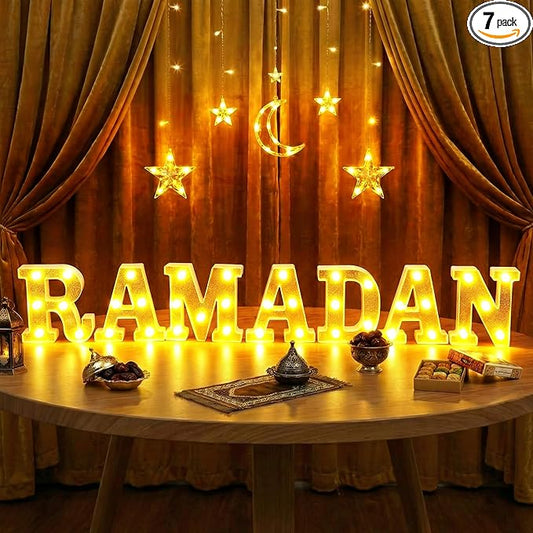 Aurelema 7 Pcs Ramadan Decorations Ramadan Large LED Letter Sign Powered Battery Light Gold Powder Surface Hanging Decor for Party Decorations Indoor Outdoor