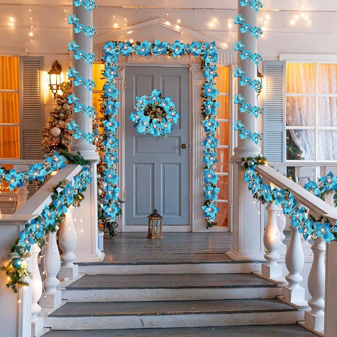 Zubebe 2 Pcs Prelit Poinsettia Christmas Garland with String Lights Glitter Holly Leaves Berries Remote Timer 8 Modes 6.5 ft Lighted Flower Garland Battery Operated Indoor Outdoor Decor(Light Blue)