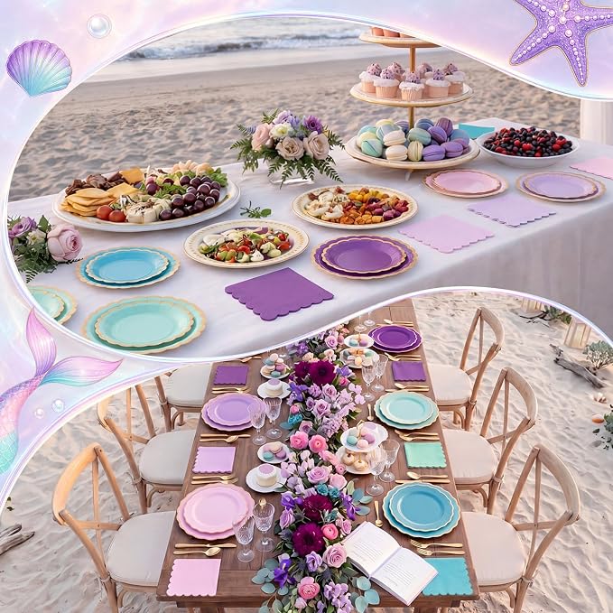 Zhehao 150 Pcs Mermaid Plates and Napkins Tableware Serves 50 Includes 9 Inch 7 Inch Purple and Blue Scalloped Wave Edges Paper Plate and Napkins for Wedding Birthday Baby Shower Party