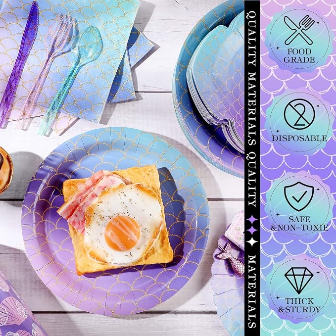 Blushtier 350 Pcs Mermaid Party Supplies Mermaids Themed Decorations Under the Sea Disposable Dinnerware Set Includes Plates Napkins Cups Spoons Fork Knives for Birthday Party (Multicolor)